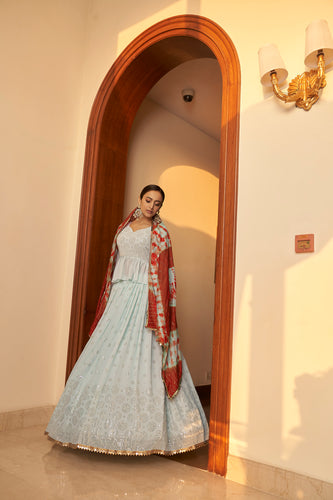Sky Blue Embellished Mukaish Work Georgette Semi Stitched Lehenga ClothsVilla