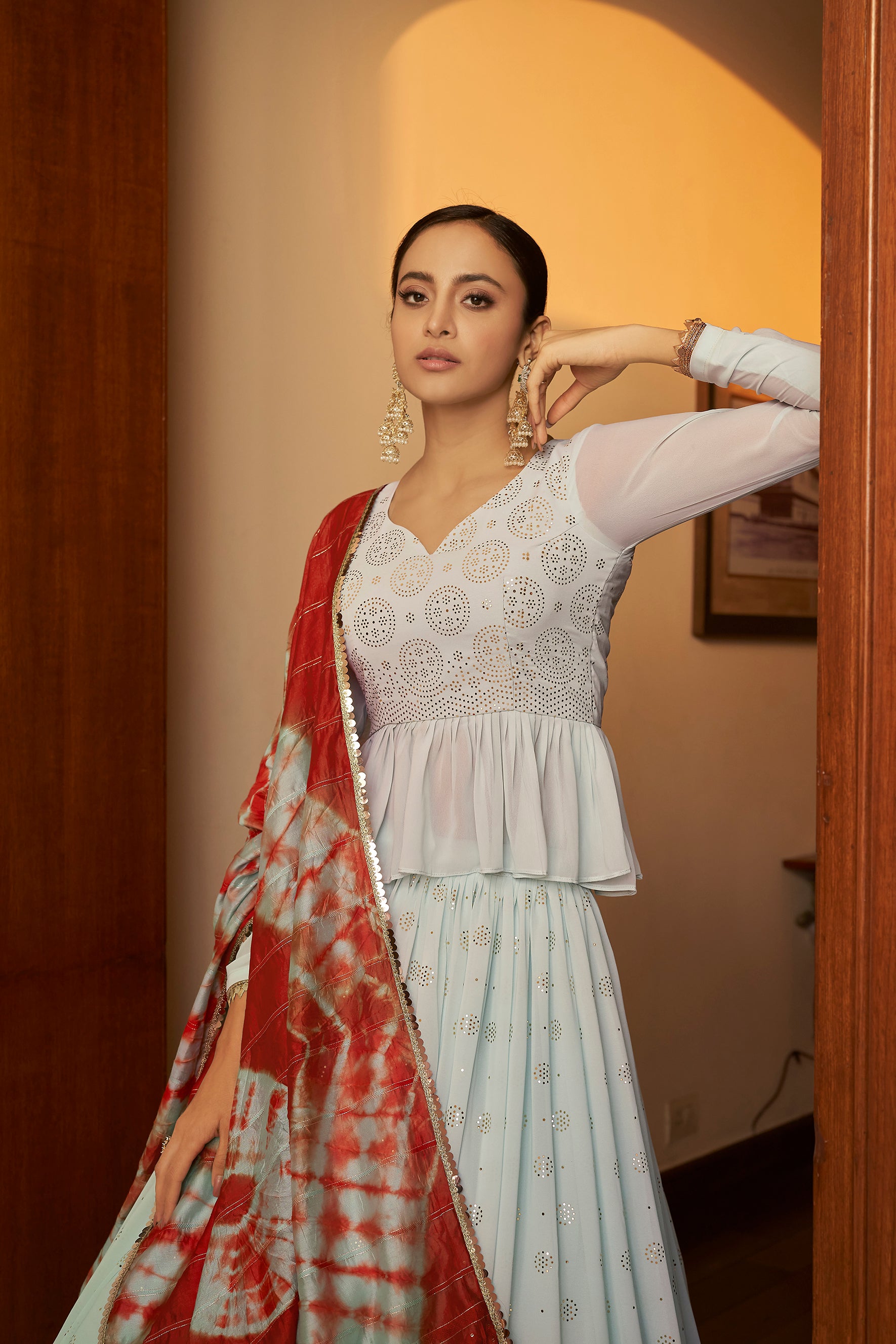 Sky Blue Embellished Mukaish Work Georgette Semi Stitched Lehenga ClothsVilla