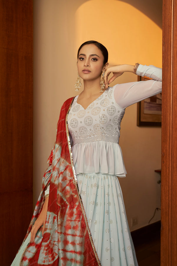 Sky Blue Embellished Mukaish Work Georgette Semi Stitched Lehenga ClothsVilla