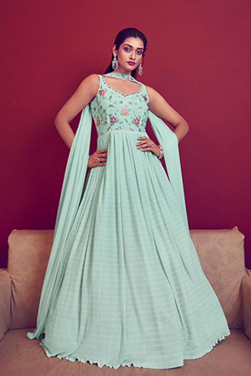 Sky Georgette Embroidered Ready to Ship Long Gown Collection ClothsVilla.com