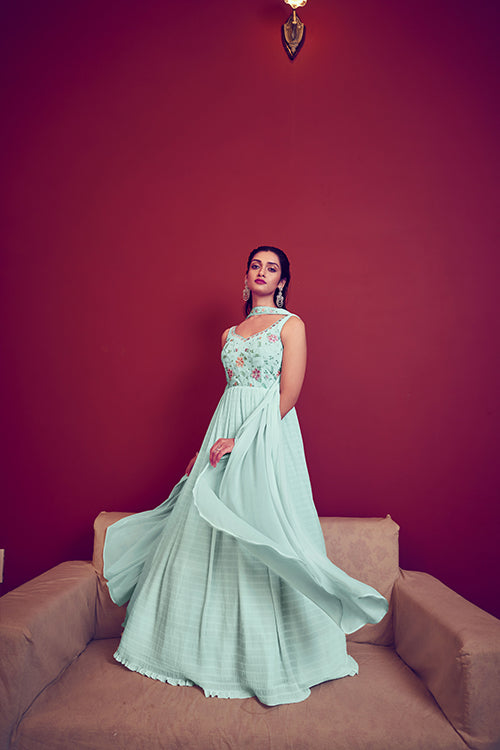 Sky Georgette Embroidered Ready to Ship Long Gown Collection ClothsVilla.com