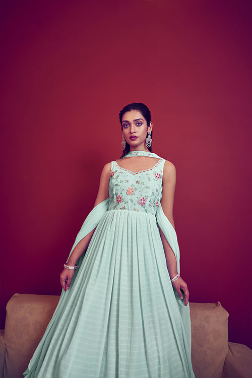 Sky Georgette Embroidered Ready to Ship Long Gown Collection ClothsVilla.com