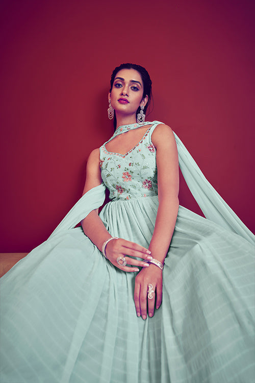 Sky Georgette Embroidered Ready to Ship Long Gown Collection ClothsVilla.com