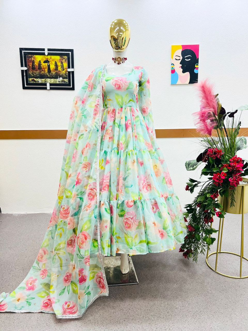 Sky Green Anarkali Gown in Organza with Digital Floral Print ClothsVilla.com