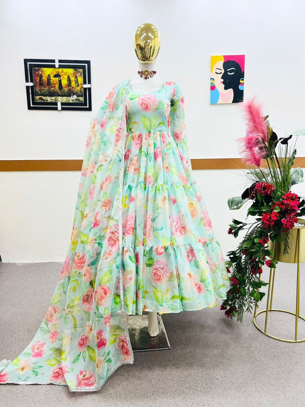 Sky Green Anarkali Gown in Organza with Digital Floral Print ClothsVilla.com