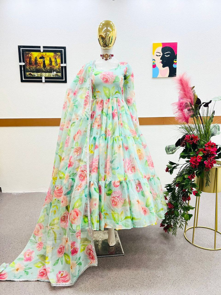 Sky Green Anarkali Gown in Organza with Digital Floral Print ClothsVilla.com