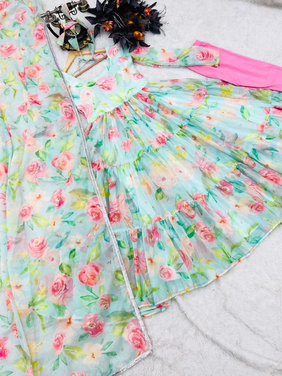 Sky Green Anarkali Gown in Organza with Digital Floral Print ClothsVilla.com