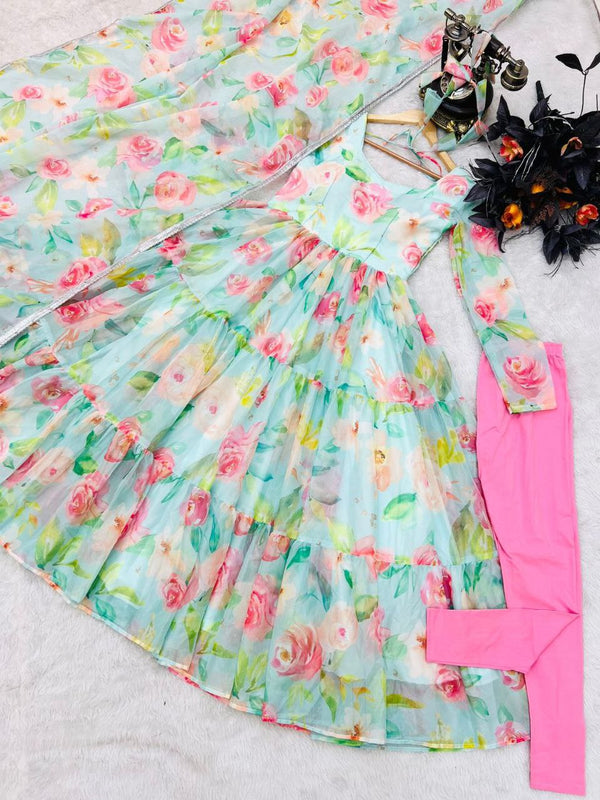 Sky Green Anarkali Gown in Organza with Digital Floral Print ClothsVilla.com