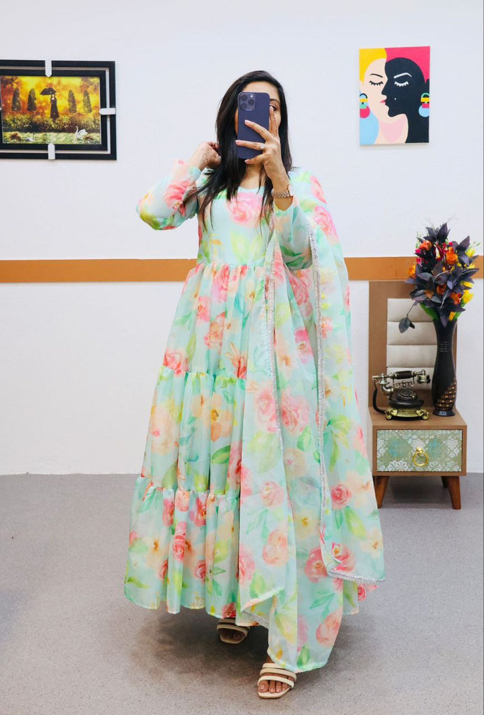 Organza Floral Dress - | 2999 | Floral print chiffon maxi dress, Frock  models, Organza dress
