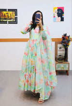 Load image into Gallery viewer, Sky Green Anarkali Gown in Organza with Digital Floral Print ClothsVilla.com
