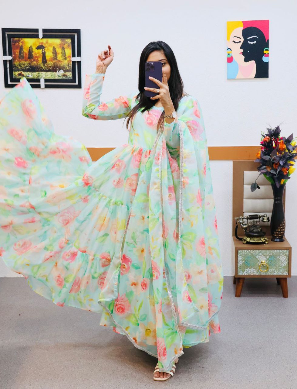 Sky Green Anarkali Gown in Organza with Digital Floral Print ClothsVilla.com