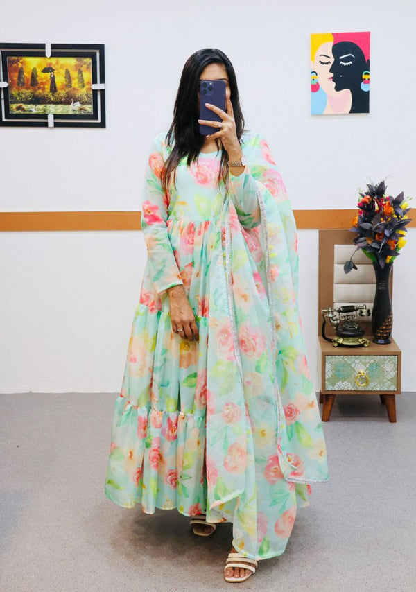 Sky Green Anarkali Gown in Organza with Digital Floral Print ClothsVilla.com