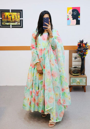 Sky Green Anarkali Gown in Organza with Digital Floral Print ClothsVilla.com