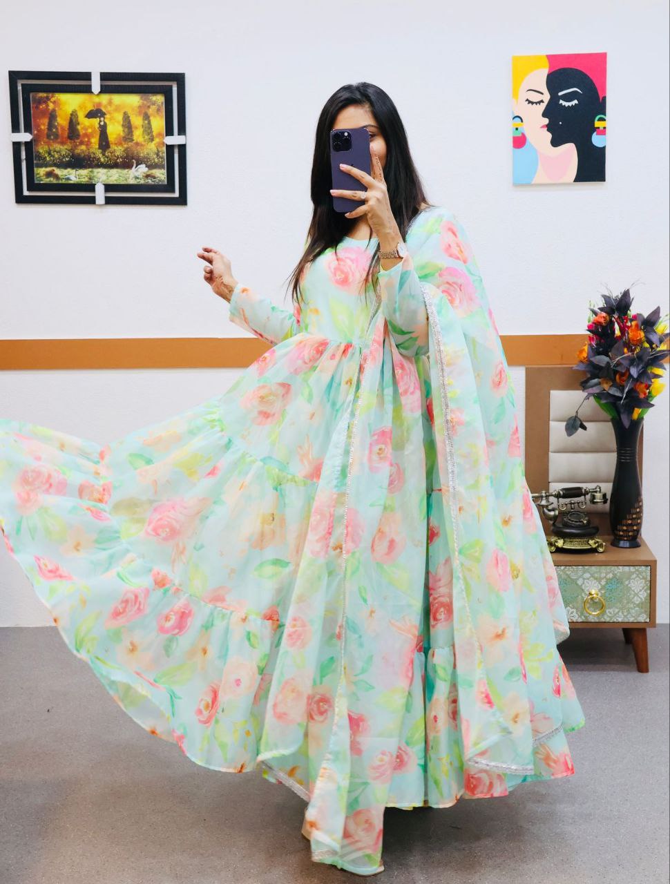 Sky Green Anarkali Gown in Organza with Digital Floral Print ClothsVilla.com