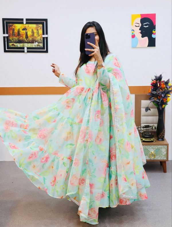 Sky Green Anarkali Gown in Organza with Digital Floral Print ClothsVilla.com
