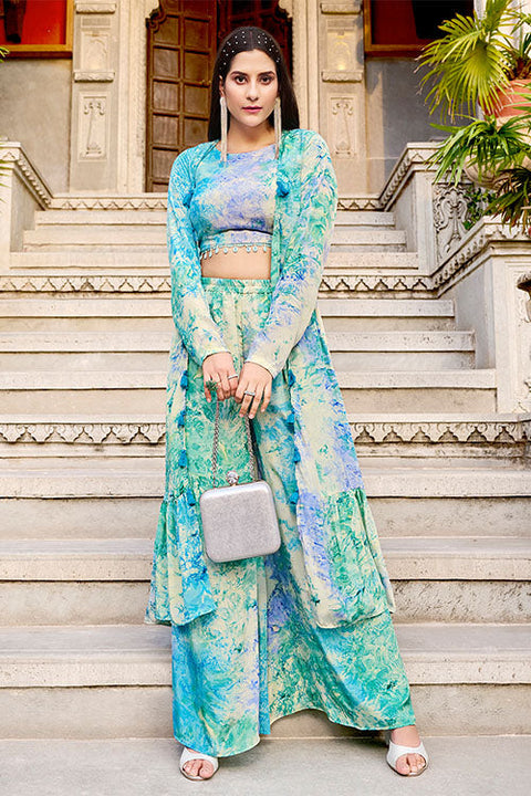 Sky Silk Print Work Three Piece Co-Ord Set ClothsVilla.com Main image