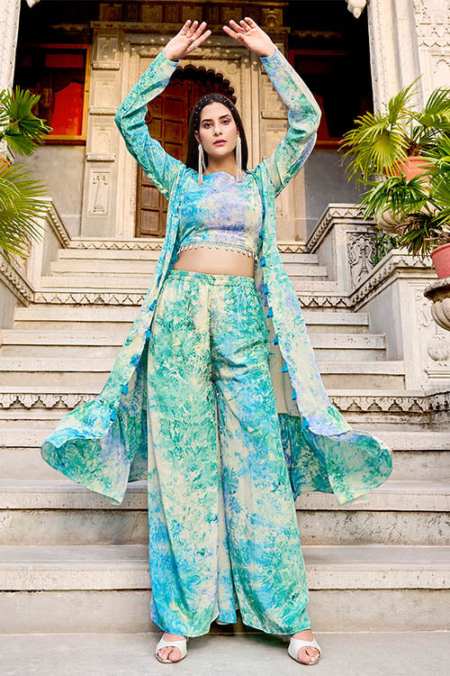Sky Silk Print Work Three Piece Co-Ord Set ClothsVilla.com