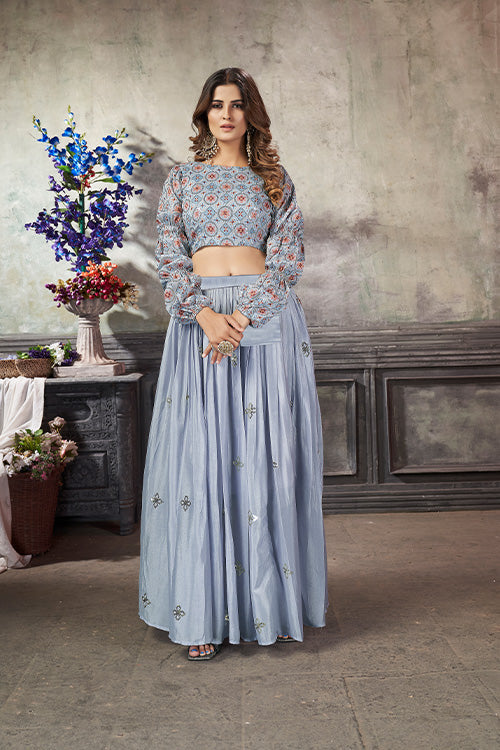 Sky Art Silk Thread With Sequins Embroidered Crop-Top Skirt ClothsVilla.com