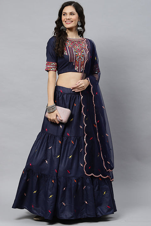 Blue Cotton Multi Embroidered Work Lehenga Choli ClothsVilla.com Main image