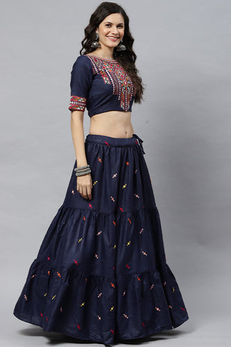 Blue Cotton Multi Embroidered Work Lehenga Choli ClothsVilla.com