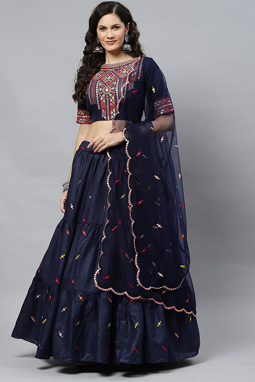 Blue Cotton Multi Embroidered Work Lehenga Choli ClothsVilla.com