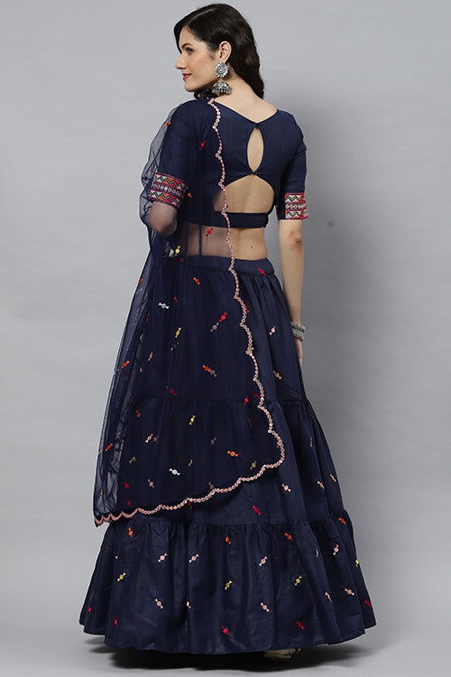 Blue Cotton Multi Embroidered Work Lehenga Choli ClothsVilla.com