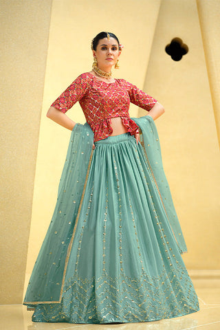 Sky Chinon Silk Sequins Embroidered Work Lehenga Choli ClothsVilla.com