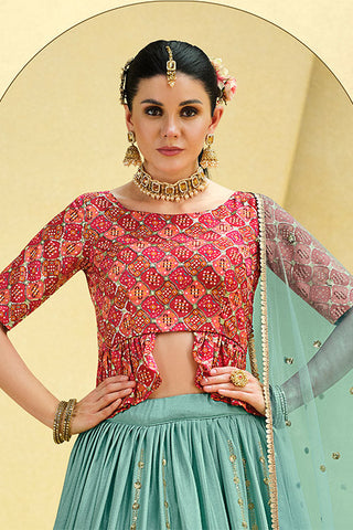 Sky Chinon Silk Sequins Embroidered Work Lehenga Choli ClothsVilla.com