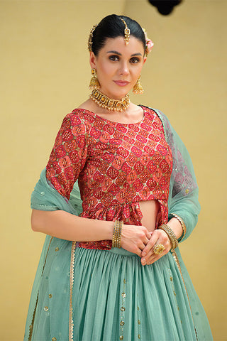 Sky Chinon Silk Sequins Embroidered Work Lehenga Choli ClothsVilla.com