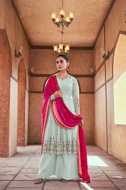 Sky Georgette Thread And Sequins Embroidered Kurta Palazzo With Dupatta ClothsVilla.com Main image