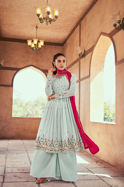 Sky Georgette Thread And Sequins Embroidered Kurta Palazzo With Dupatta ClothsVilla.com
