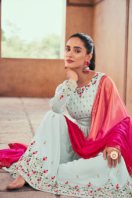 Sky Georgette Thread And Sequins Embroidered Kurta Palazzo With Dupatta ClothsVilla.com