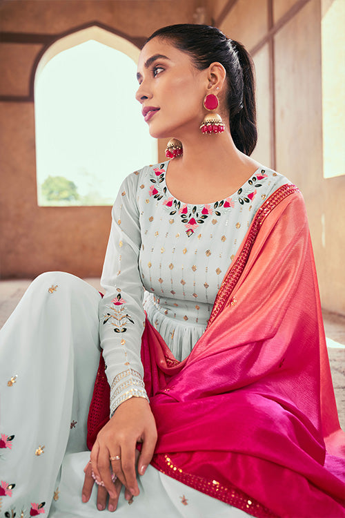 Sky Georgette Thread And Sequins Embroidered Kurta Palazzo With Dupatta ClothsVilla.com