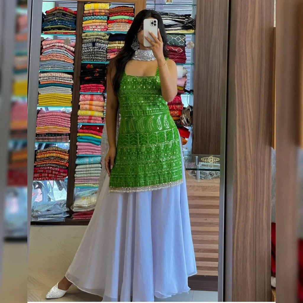 Sleeveless Sequins Work Green Palazzo Suit Clothsvilla
