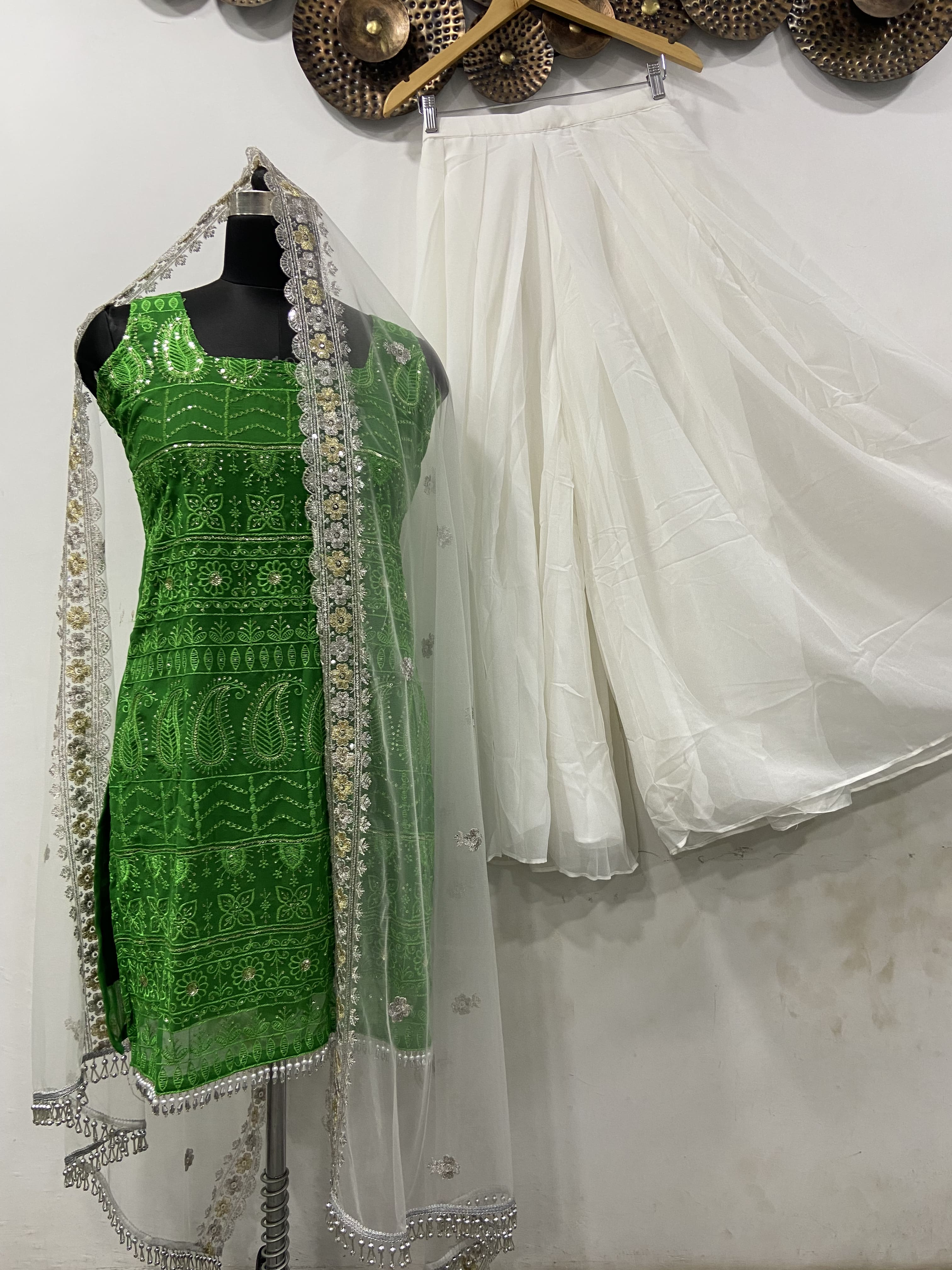 Sleeveless Sequins Work Green Palazzo Suit Clothsvilla