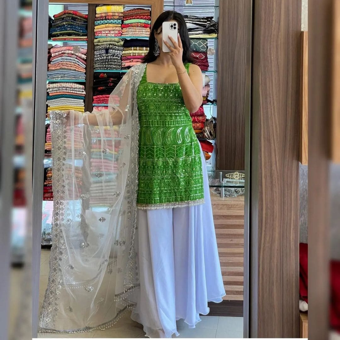 Sleeveless Sequins Work Green Palazzo Suit Clothsvilla