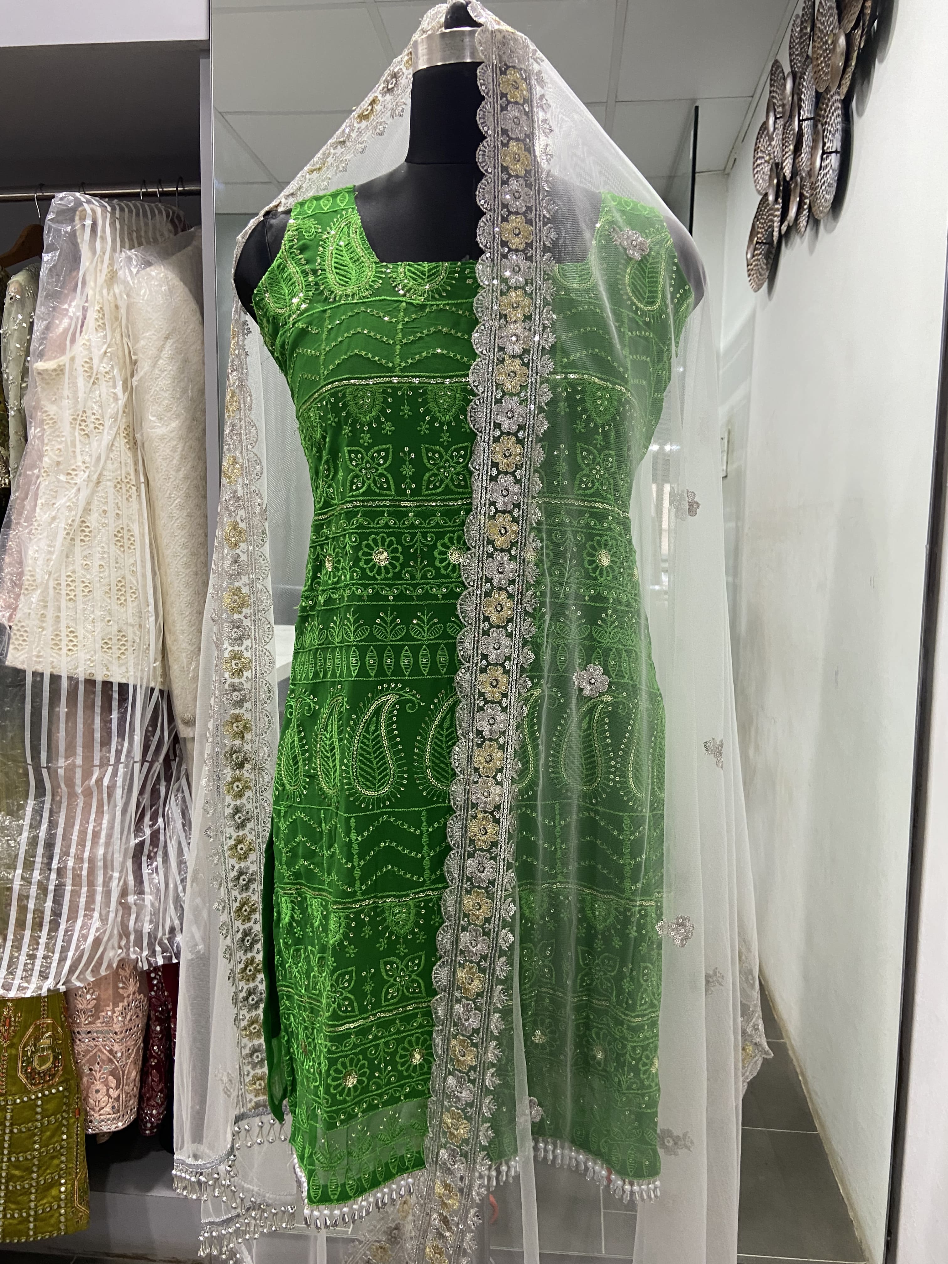 Sleeveless Sequins Work Green Palazzo Suit Clothsvilla