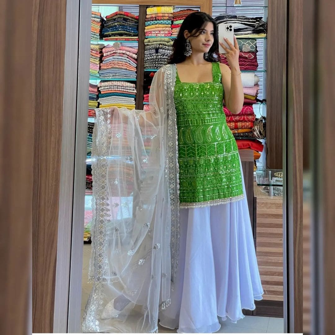 Sleeveless Sequins Work Green Palazzo Suit Clothsvilla
