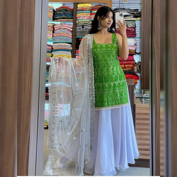 Sleeveless Sequins Work Green Palazzo Suit Clothsvilla