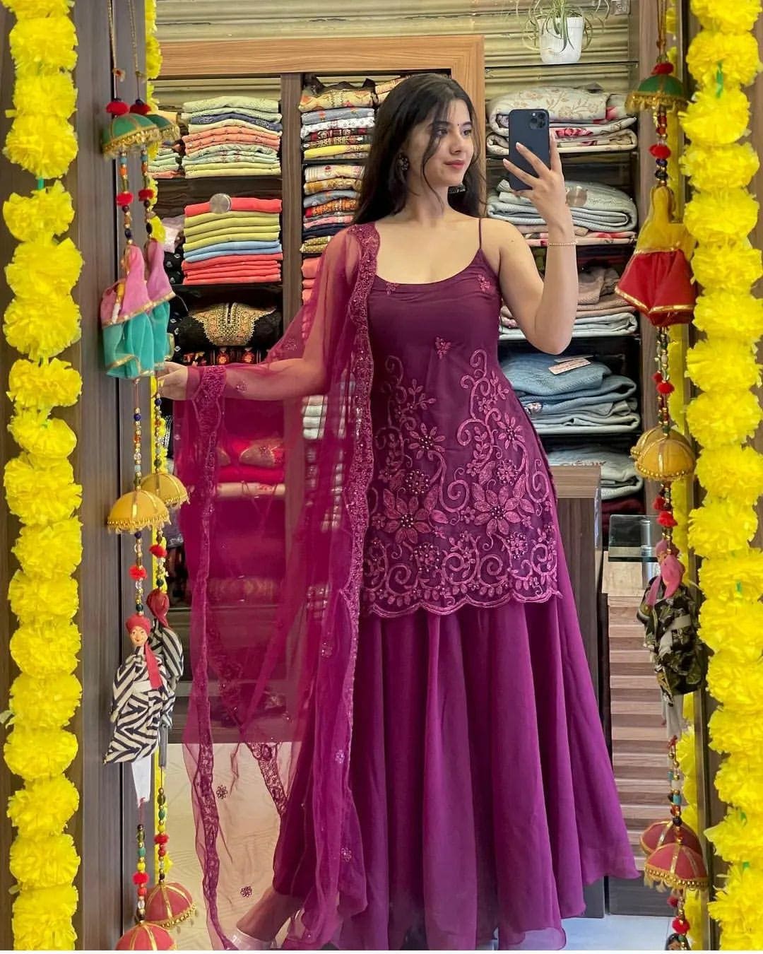 Sleeveless Sequins Work Wine Palazzo Suit Set Clothsvilla