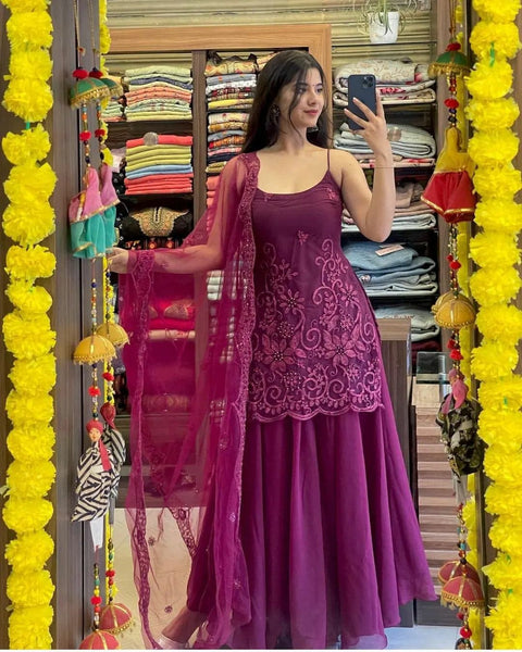 Sleeveless Sequins Work Wine Palazzo Suit Set Clothsvilla Main image