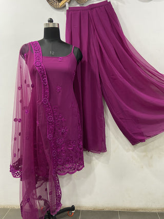 Sleeveless Sequins Work Wine Palazzo Suit Set Clothsvilla