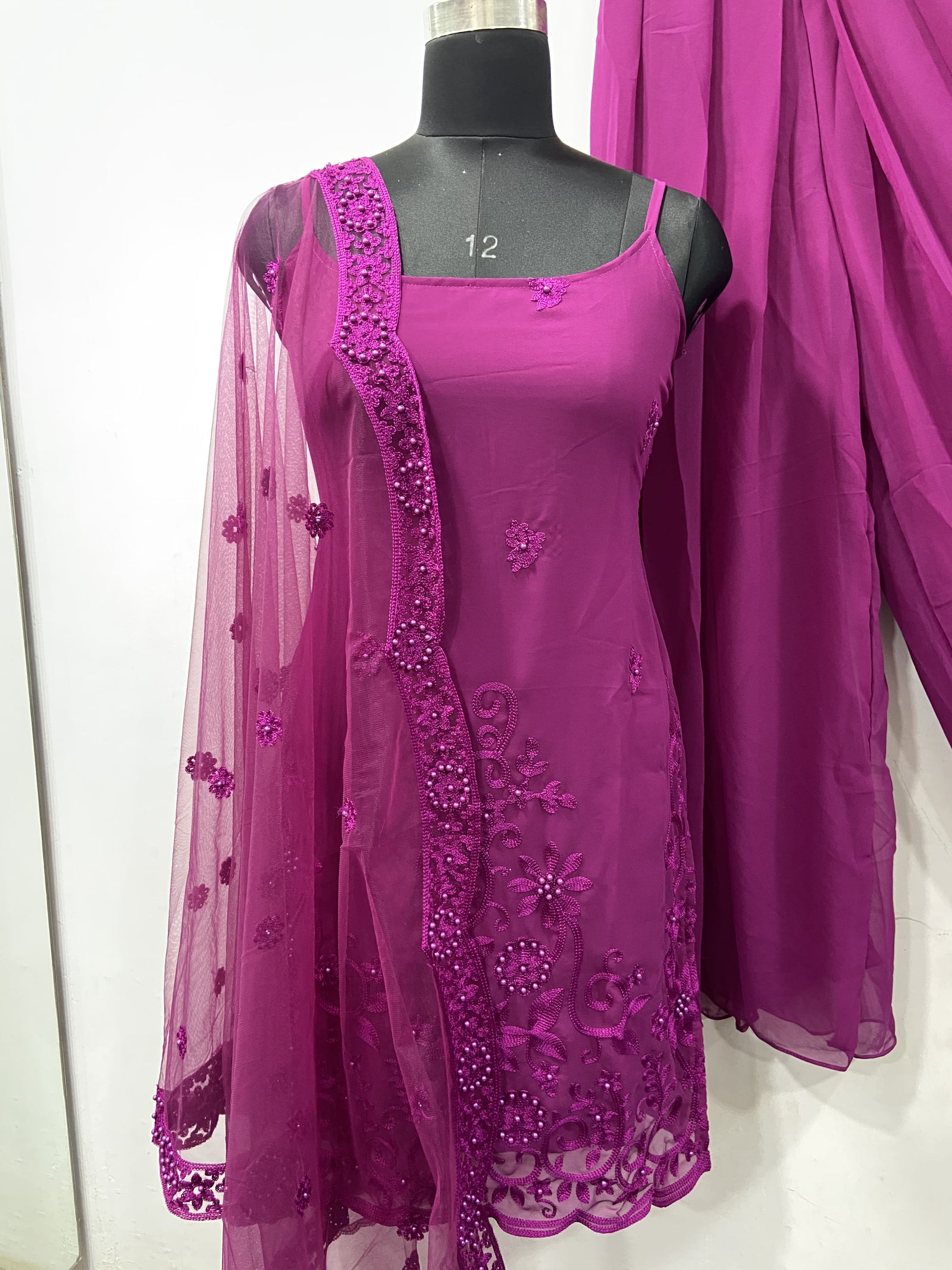 Sleeveless Sequins Work Wine Palazzo Suit Set Clothsvilla
