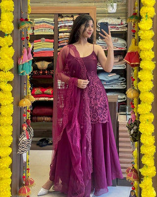 Sleeveless Sequins Work Wine Palazzo Suit Set Clothsvilla