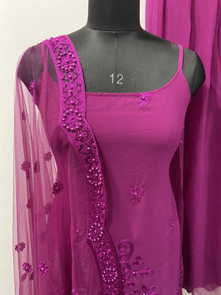 Sleeveless Sequins Work Wine Palazzo Suit Set Clothsvilla