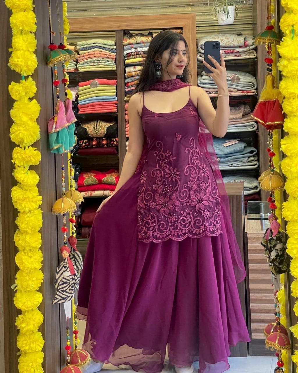 Sleeveless Sequins Work Wine Palazzo Suit Set Clothsvilla