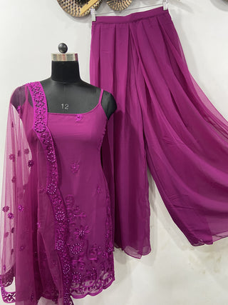 Sleeveless Sequins Work Wine Palazzo Suit Set Clothsvilla