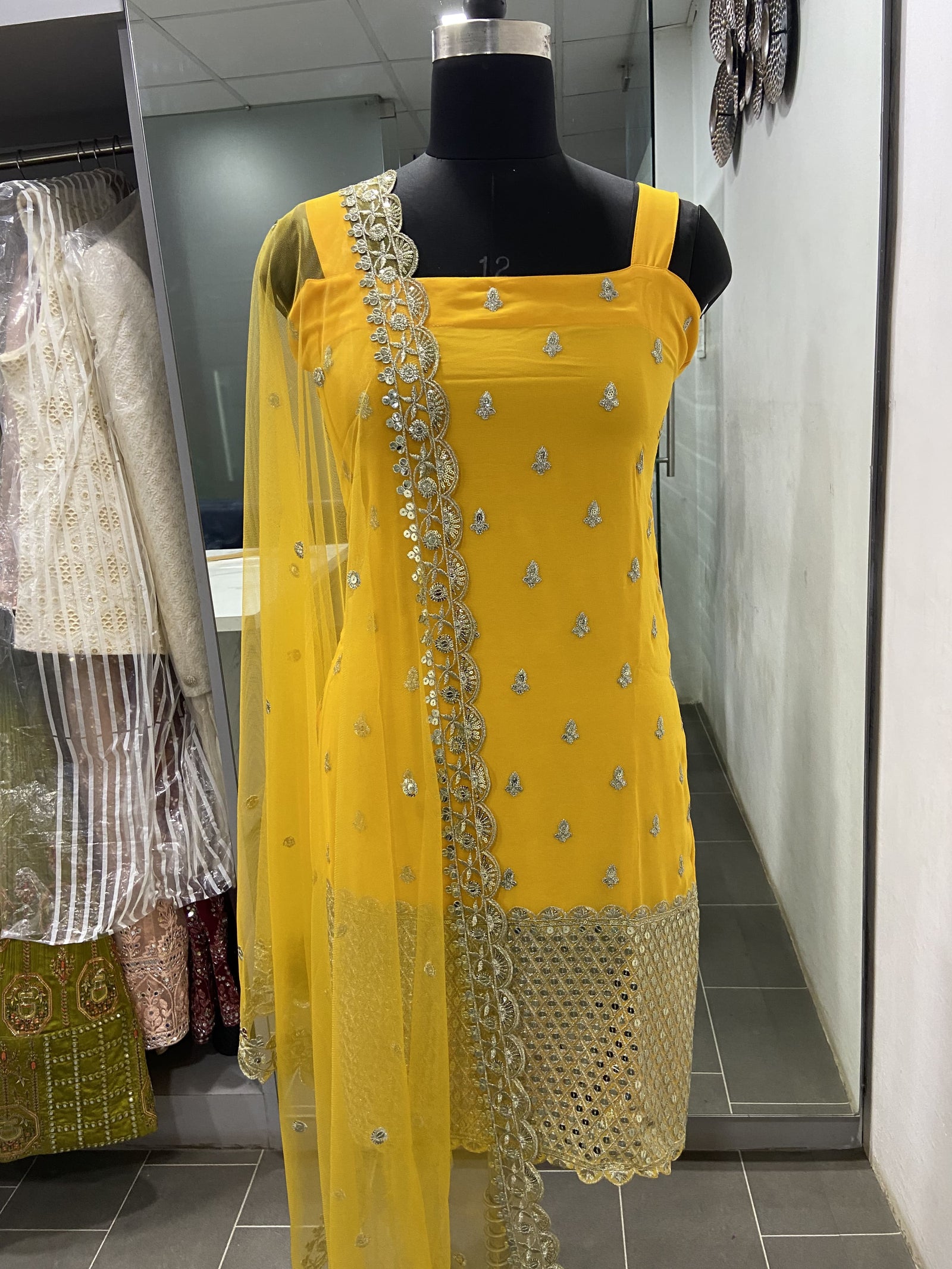 Sleeveless Sequins Work Yellow Palazzo Suit Set Clothsvilla