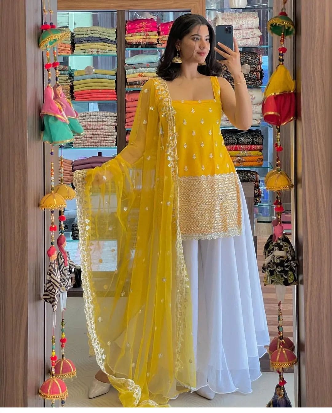 Sleeveless Sequins Work Yellow Palazzo Suit Set Secondary image