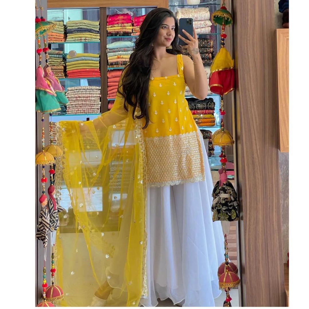 Sleeveless Sequins Work Yellow Palazzo Suit Set Clothsvilla